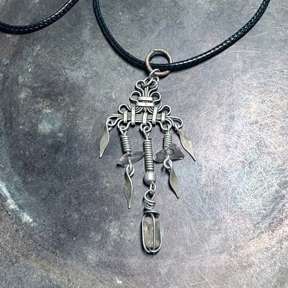 Vintage Brutalist Modernist Brass Metal Quartz Pendant Necklace - Picture 2 of 3